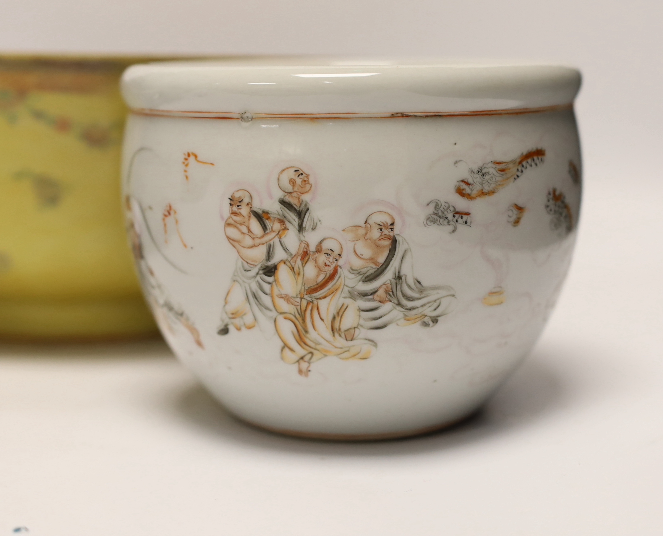 Two Chinese famille rose bowls and a small jardiniere